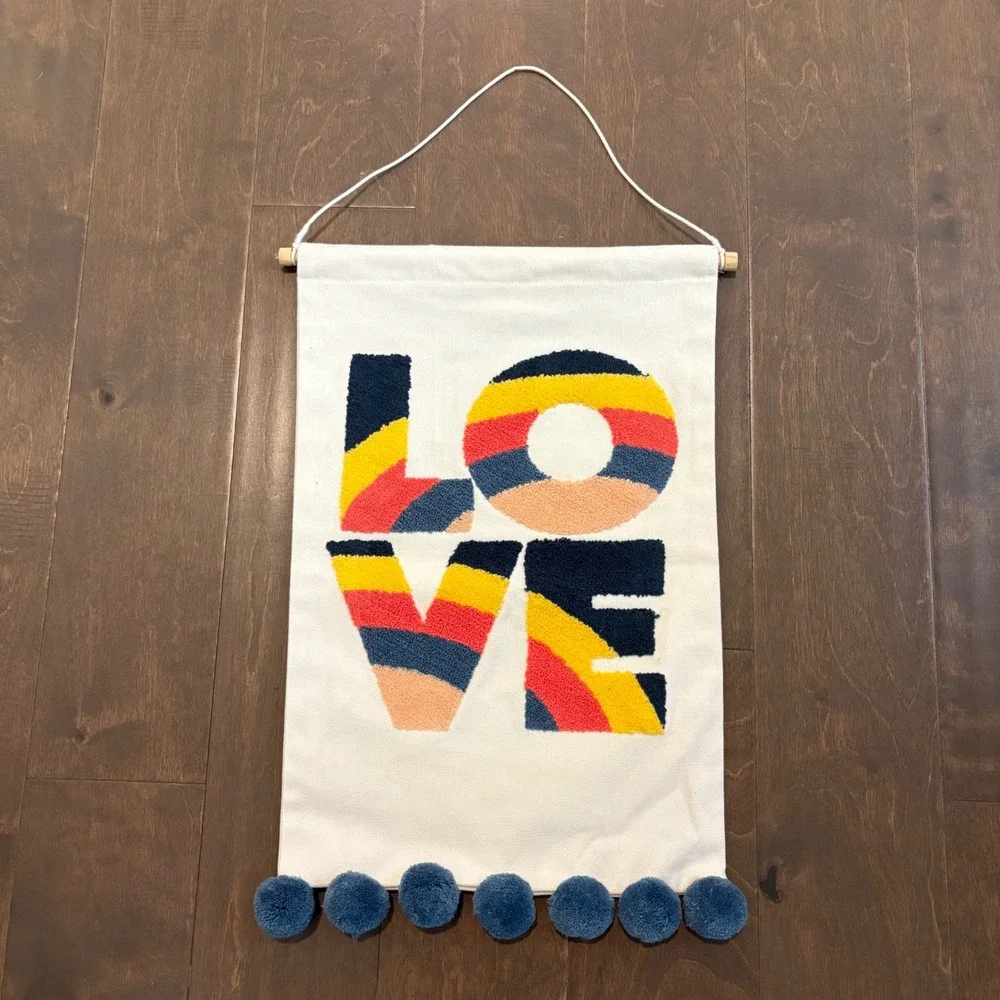 Pillowfort LOVE Wall Hanging‎ Tapestry Pom Pom Boho Room Decor 12x19